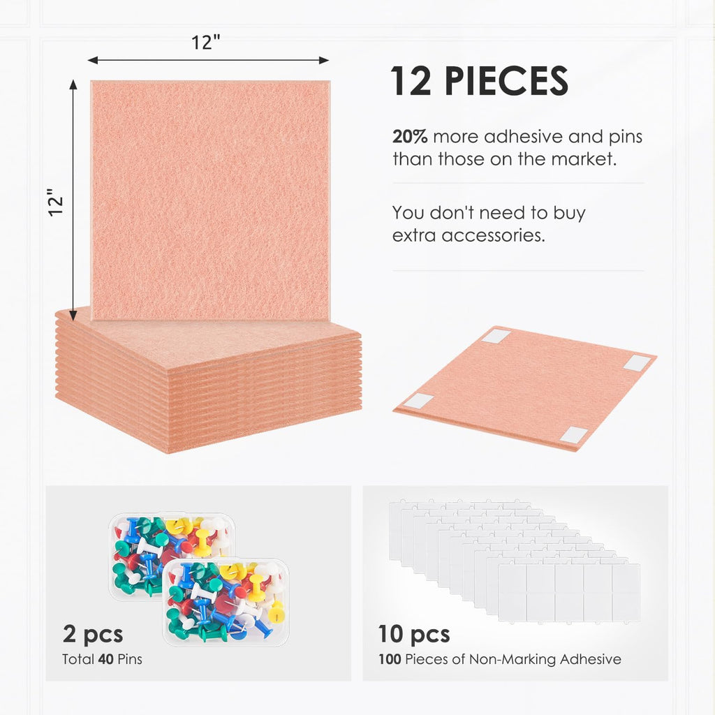 Cork Board for Wall,48"x36" 12 Pack Felt Wall Tiles with Safe Removable Adhesive Tabs, Bulletin Boards for Home Office Kitchen, Pin Board Notice Board for Photos, Memos, Pink