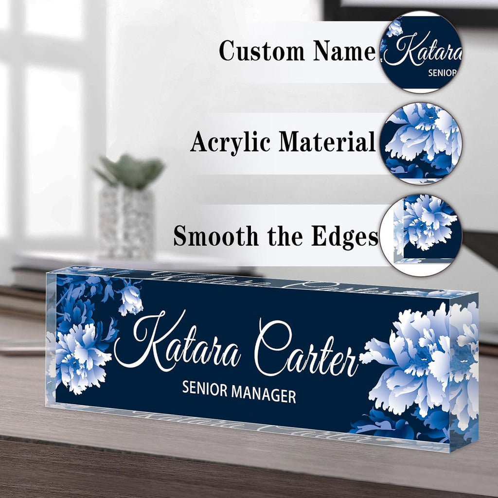 Name Plate for Desk Personalized, Acrylic Desk Decorations, Employee Appreciation Gifts, Custom Office Gifts for Coworkers, Boss, Teacher, Nurse (White Flowers 02)