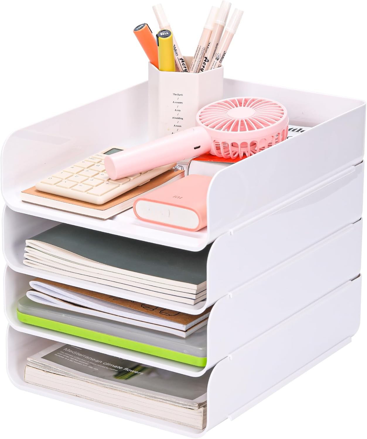 Set of 4 Office Organization and Storage, Clear PET Letter Tray Desk Organizer, Stackable Document Organizer, Office Supply Organizer for Notes, Pens, File Paper, Desk, White