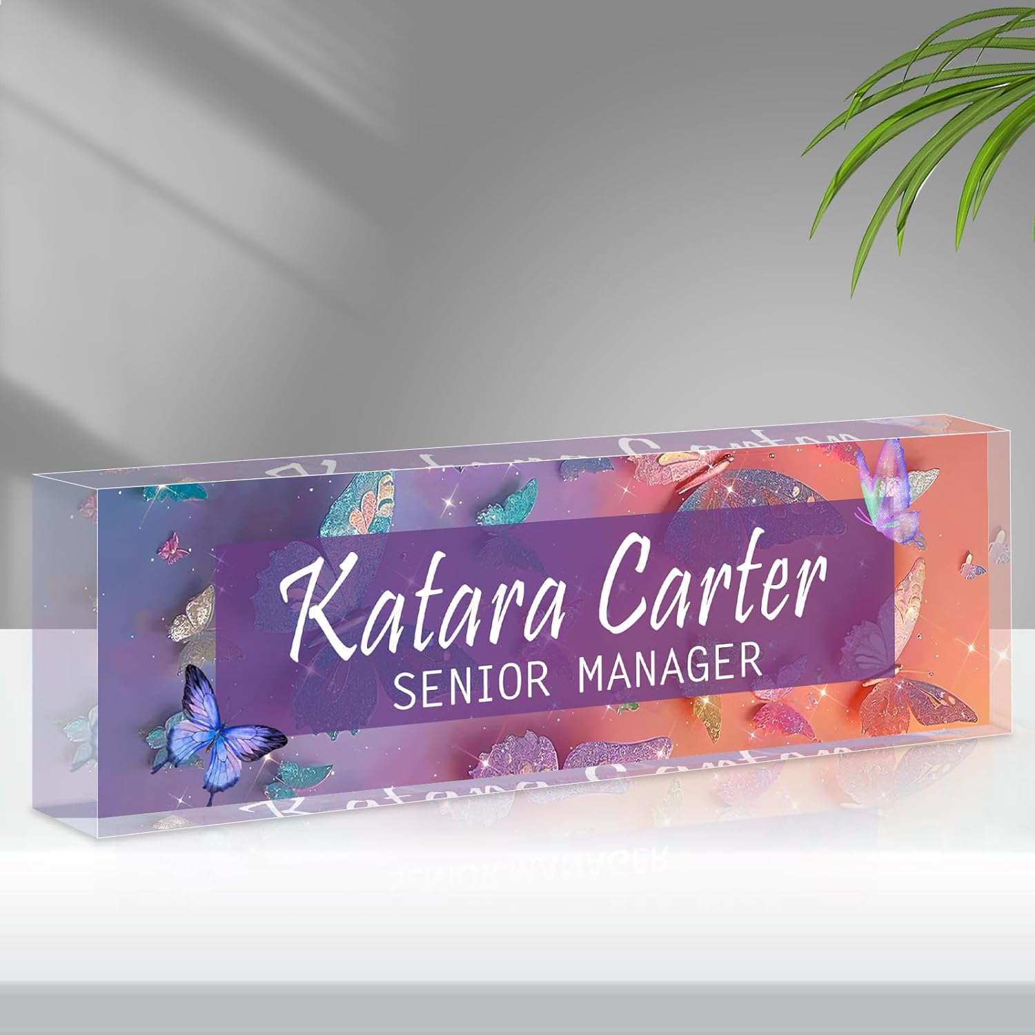 Name Plate for Desk Personalized, Acrylic Desk Decorations, Employee Appreciation Gifts, Custom Office Gifts for Coworkers, Boss, Teacher, Nurse (Orange Purple Butterfly)