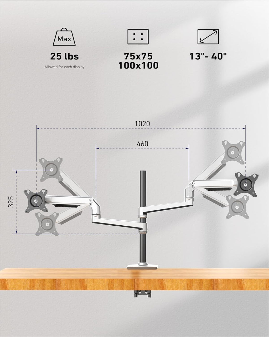 Quad Monitor Mount, Holds Screens up to 40 Inches and 25 lbs, Fully Adjustable 4 Monitor Mount with C-Clamp and Grommet Base, Aluminum, Silver