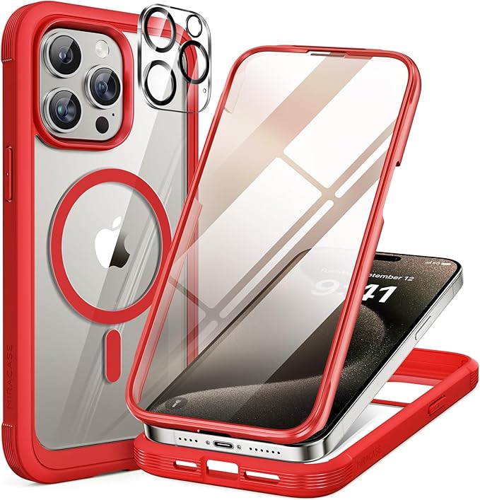 Miracase Magnetic for iPhone 15 Pro Case Full-Body Bumper Phone case with Built-in Glass Screen Protector& Camera Protector, Military Drop Proof 15 Pro Cover, Magnetic Red