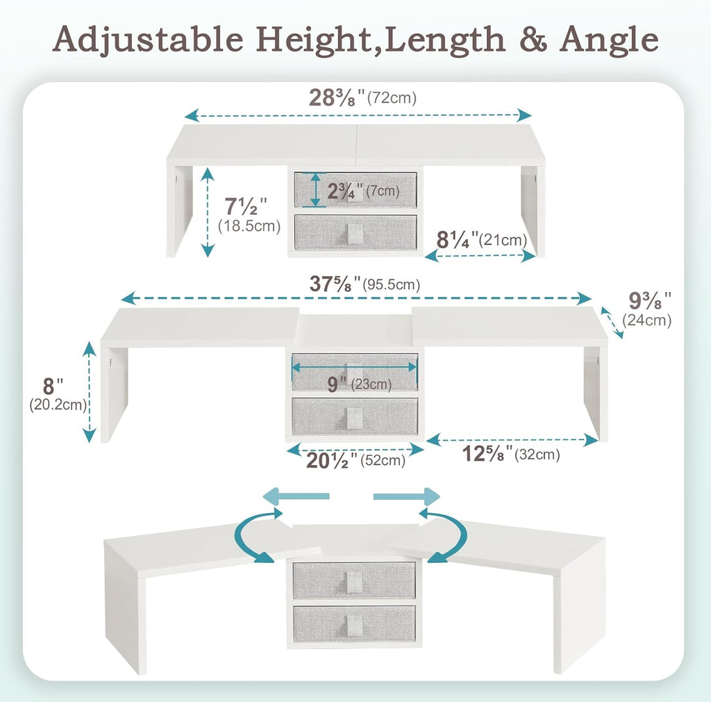 TEAMIX Dual Monitor Stand Riser with 2 Drawers - Length and Angle Adjustable White Monitor Stand with Storage Large Computer Riser for 2 Monitors/Laptop/PC, Wood Screen/TV Stand Desk Organizer