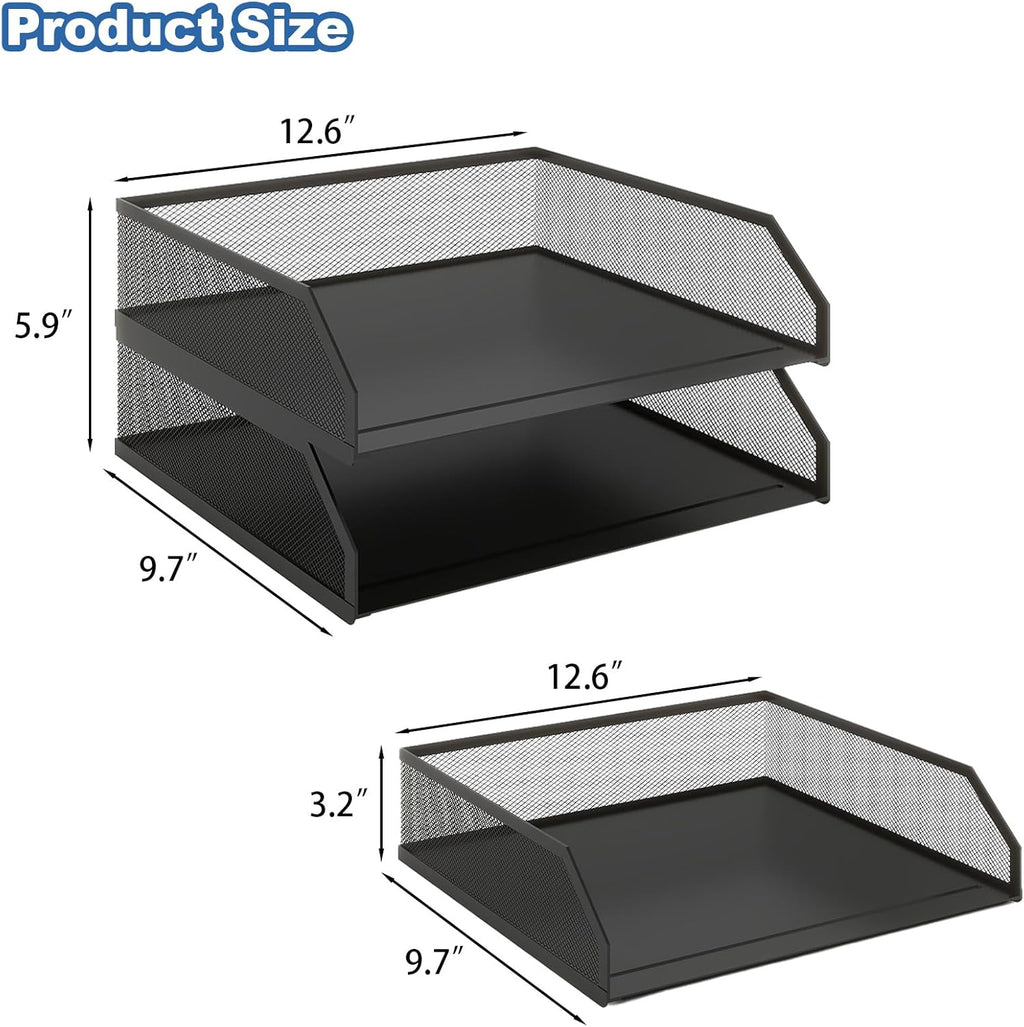 Natwind 2-Tier Stackable Paper Tray, Metal Mesh Desktop Organizer, A4 Desk Organizer, Stackable Letter Trays,File Folder Sorter Organizer with Sliding Tray for Home, Office, School (Black)