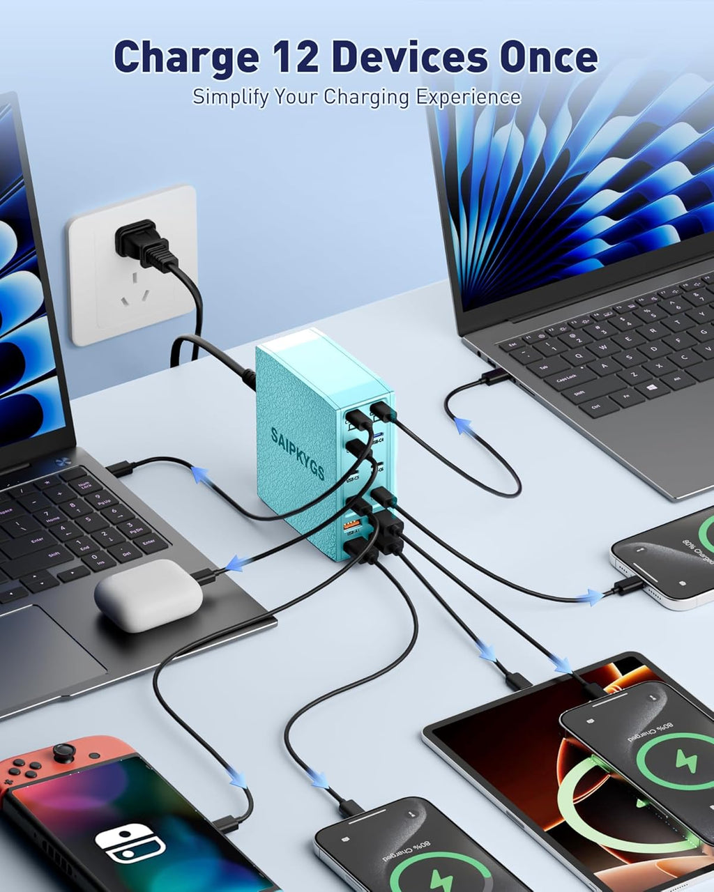 Charging Station (600W),12-Port USB C Charger Block with Dual 100W PD USB-C Fast Charging Station Hub for MacBook Pro/Air/All iPad Phone 17/16 15/14/13/Pro Max/Samsung Galaxy Note(Green)