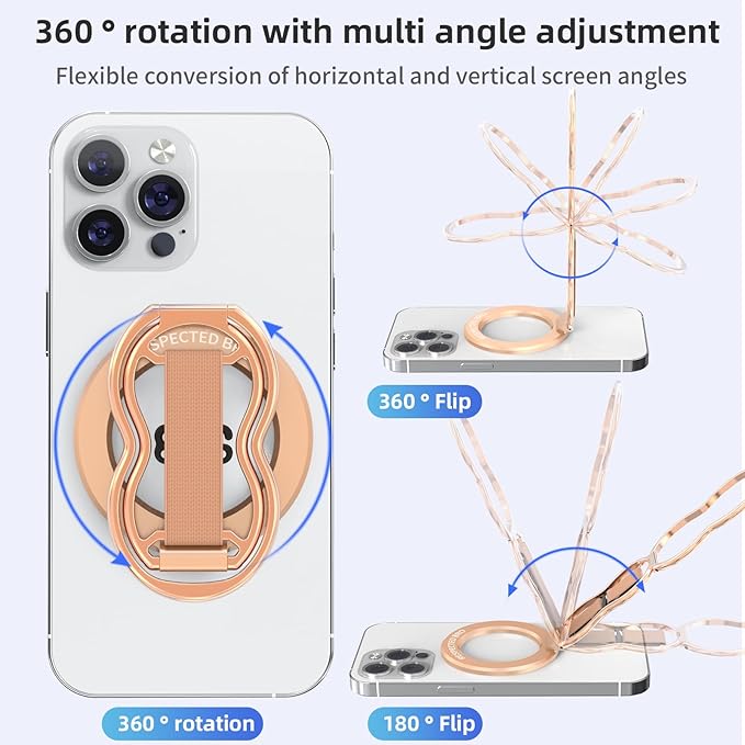 RESPECTED-BRO-Magnetic-Phone-Grip-Stand-with-Finger-Strap, 4-in-1 Magnetic Ring Holder, Kickstand and Elastic Strap for Smartphones, Universal Fit for iPhone, Android, and Cases (Rose Gold)