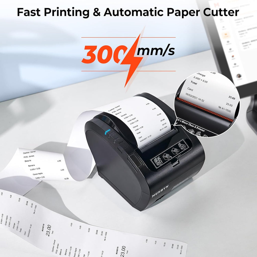 MUNBYN Bluetooth Thermal Receipt Printer P047, 80mm POS Printer, Thermal Printer with USB Serial Ethernet, Bluetooth, Support Android Windows PC (Do Not Support iOS Paypal Doordash Grubhub Vagaro)