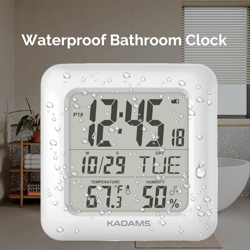 KADAMS Bathroom Clock 9.5" Kitchen Wall Clock with Large LCD Screen – Shower Clock with Suction Cup,Temperature, Humidity, Calendar – Water-Resistant, 4 Mounting Options, White