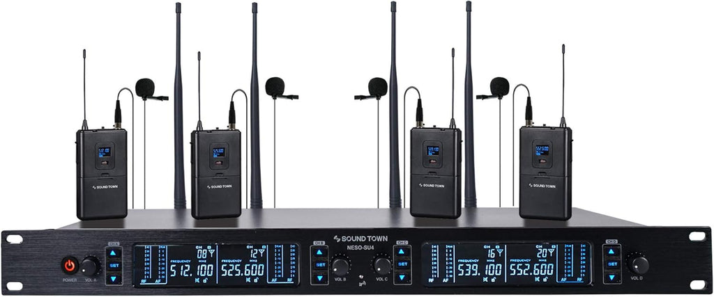 Sound Town 200 Channels UHF Wireless Microphone System with Metal Rack Mountable Receiver, 4 Lavalier Mics, 4 Bodypack Transmitters and Auto Scan, for Church, School, Meeting (NESO-SU4LL)