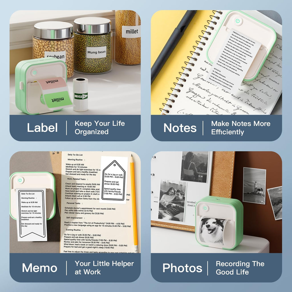 Label Maker Machine, HD Mini Sticker Printer with 7 Rolls Paper, Portable Thermal Print Pod Supports 12-57mm Papers, Bluetooth Pocket Printer for Home, Kitchen, School (Green)