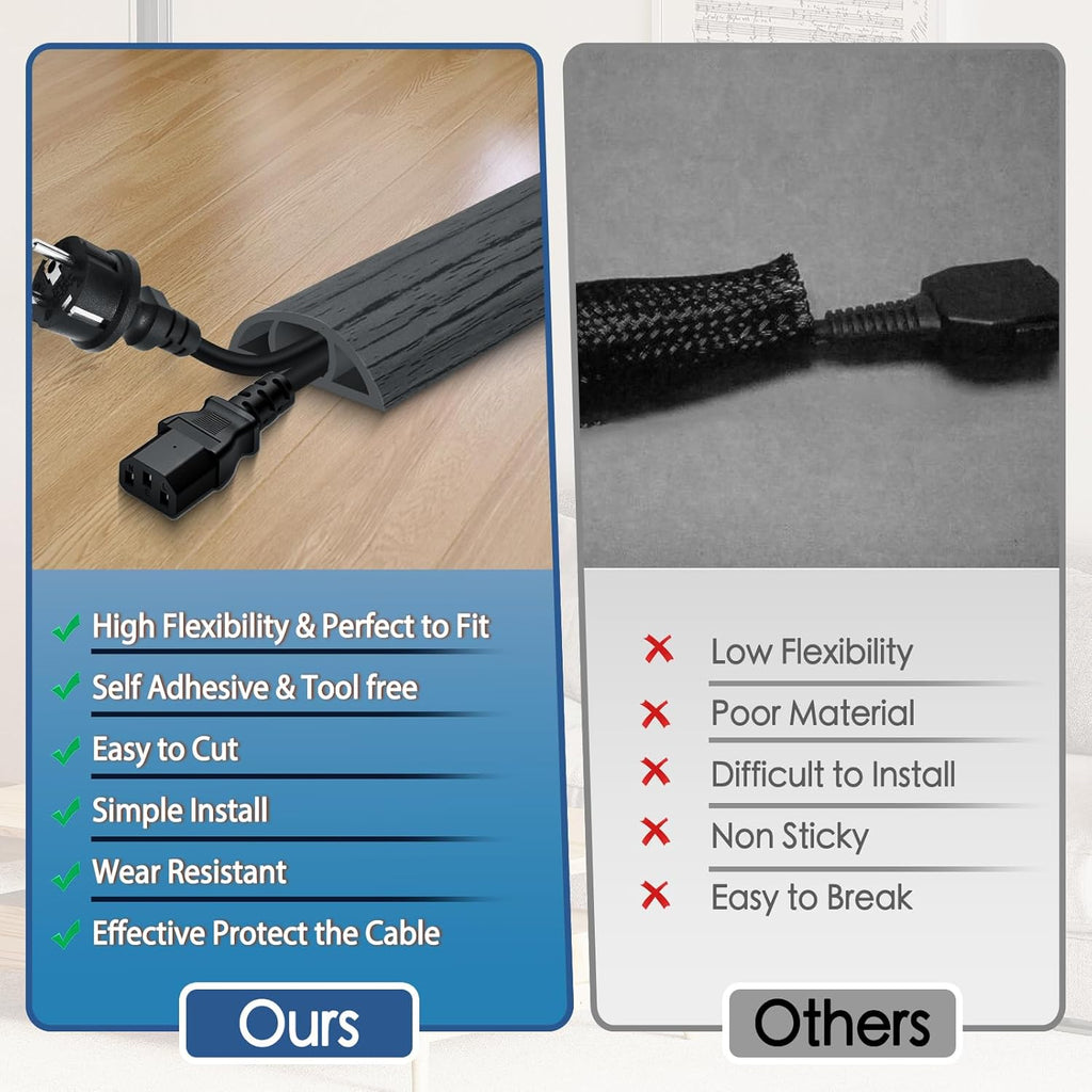 Floor Cord Cover for Wires on Floor Self Adhesive Cord Hider Floor Cable Management Wire Covers for Cords Protector Prevent Cable Trips Cord Cavity W 0.51" x H 0.31", Deep Gray Wood, 3.3Ft
