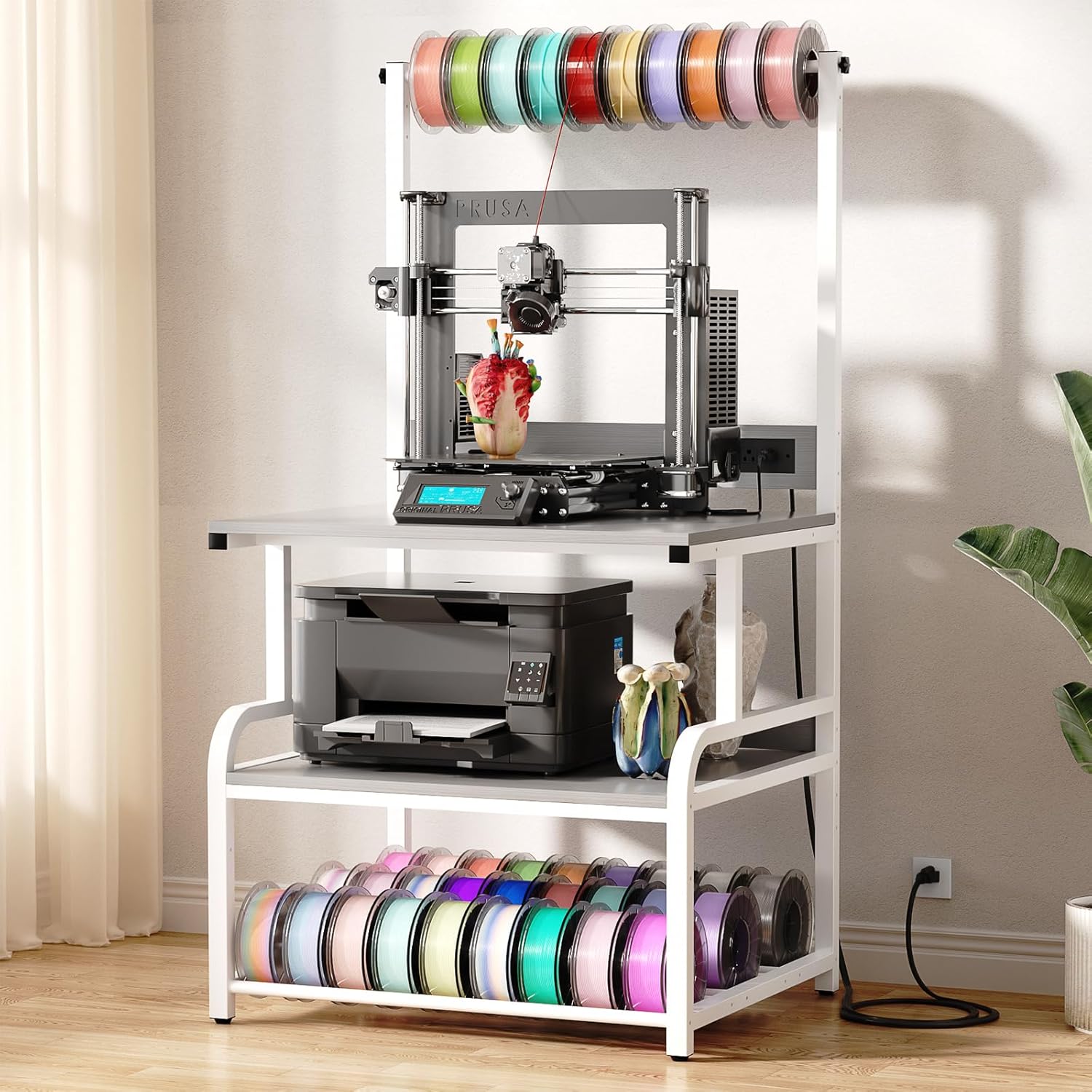 Homieasy Printer Stand with Charging Station, 29.1" x 22.8" Large 3D Printer Table with Filament Storage, Heavy Duty Rolling Printer Cart with 4-Tier Storage for Workshop/Office/Garage, Light Grey