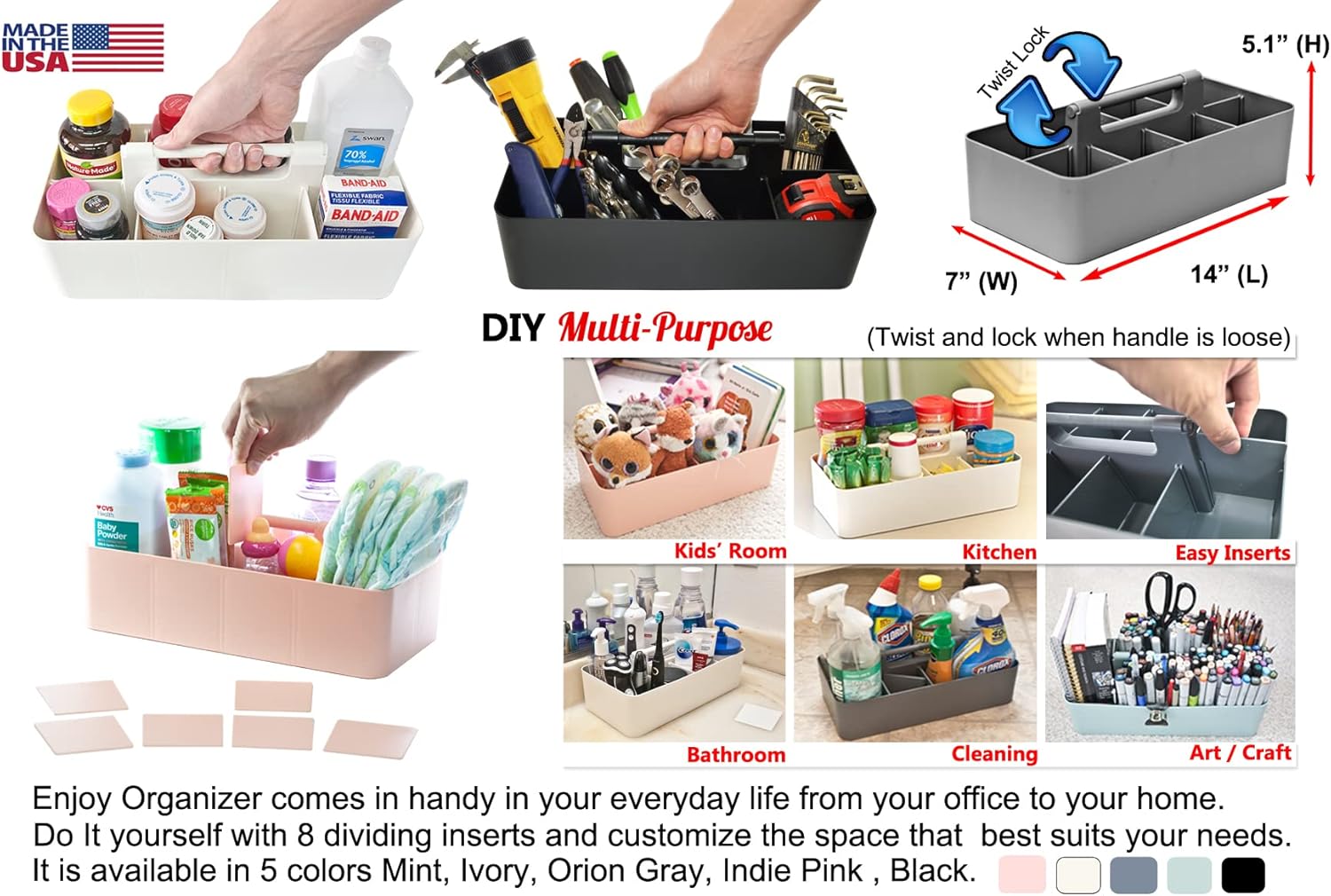 -Large Portable Caddy, DIY Dividers, 8 Compartments, School Office Supplies,Portable Basket with Handle Storage Organizer Modern Made in USA (3 PACK, Mint/Gray/Ivory)