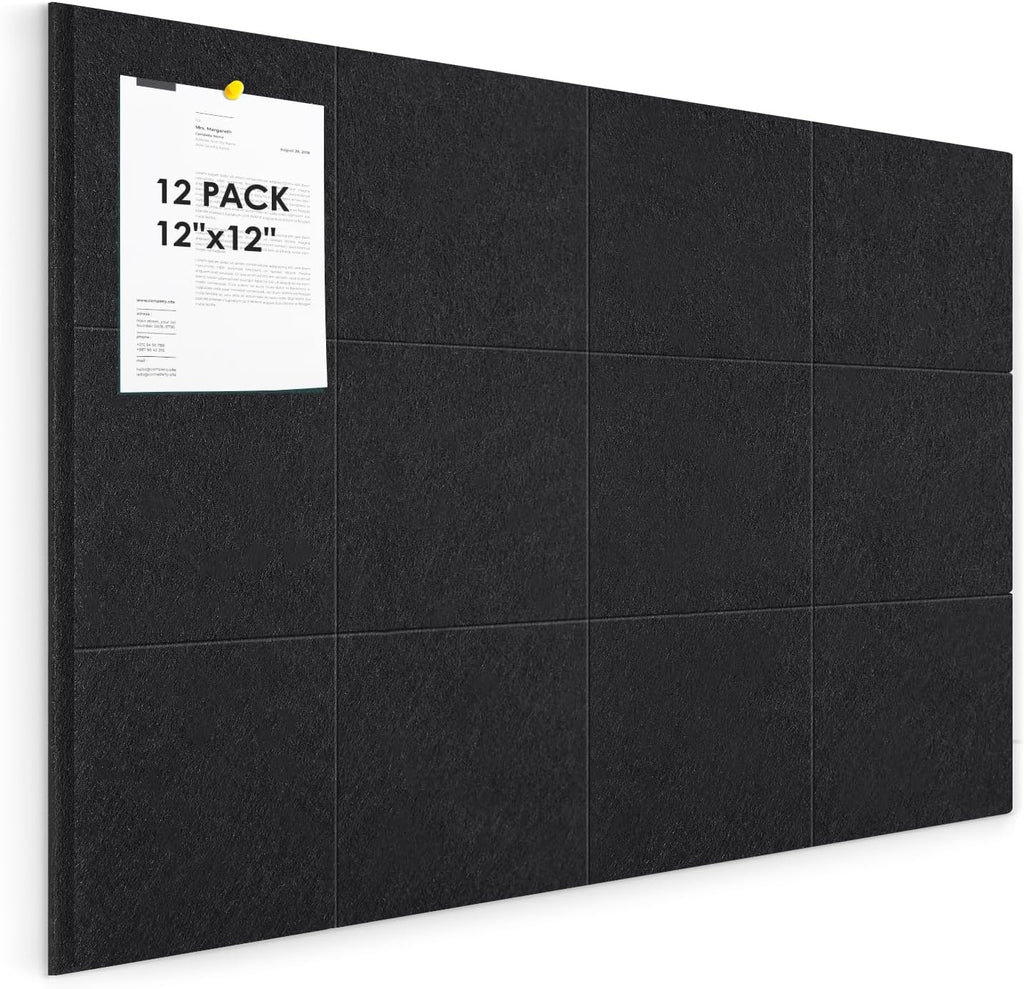 Cork Board for Wall,48"x36" 12 Pack Felt Wall Tiles with Safe Removable Adhesive Tabs, Bulletin Boards for Home Office Kitchen, Pin Board Notice Board for Photos, Memos, Black
