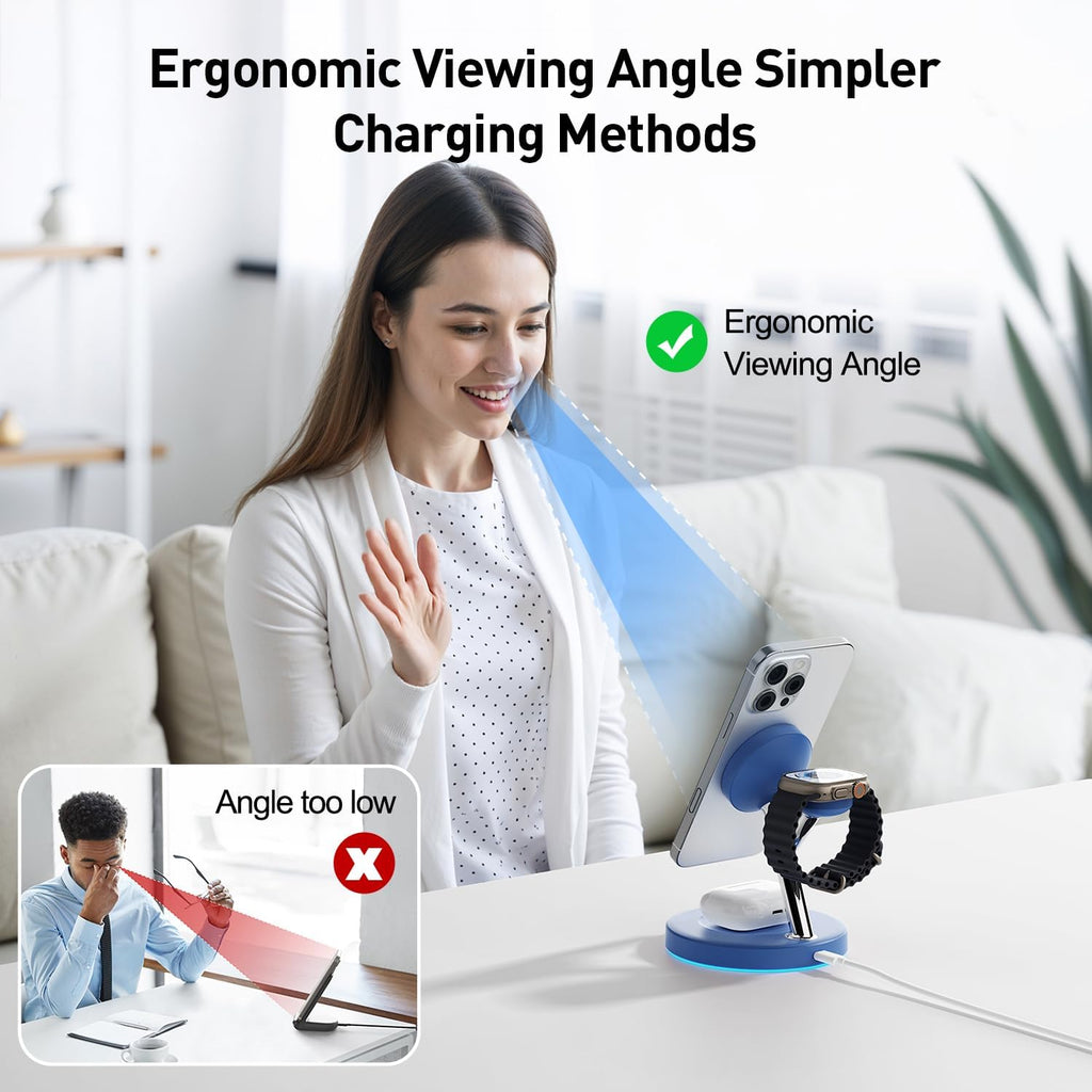 3 in 1 Charging Station Compatible with Mag-Safe Charger Wireless Charger Stand for iPhone 16 15 14 13 12 Series Wireless Charging Station for AirPods Wireless Charging Stand for iWatch Series (Blue)