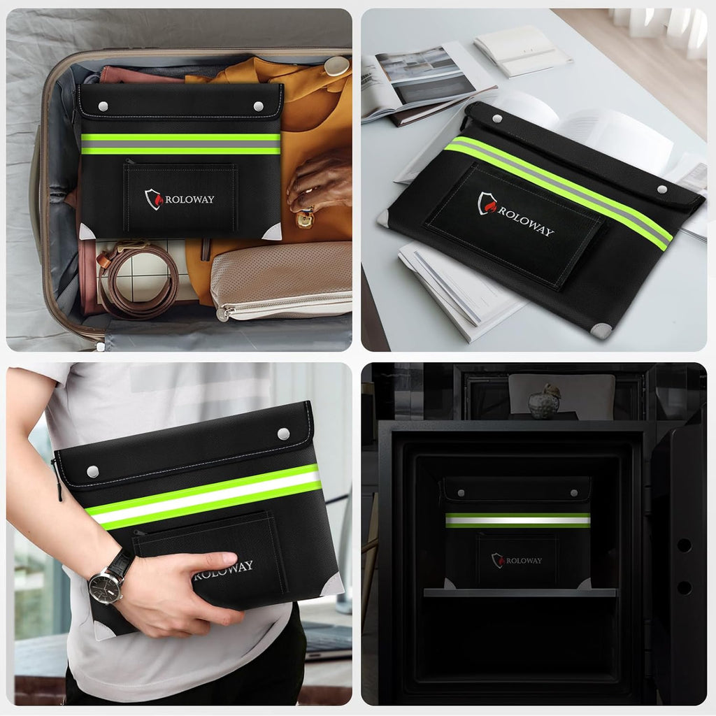 ROLOWAY Upgraded Fireproof Document Bag (14.5 x 11.5 inch) with 6400℉ Aluminum Foil Layer, Fireproof Safe Bag for Documents with Front Pocket and Reflective Strip