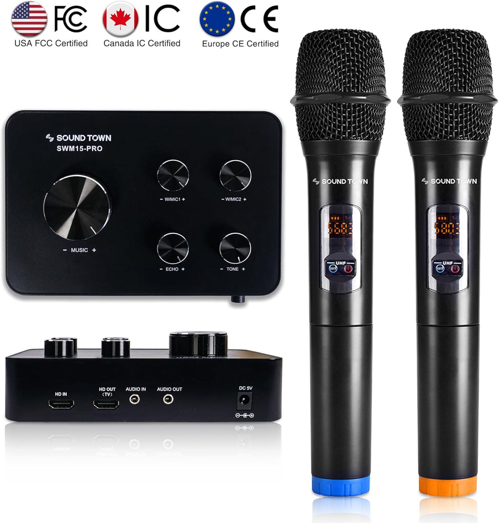 Sound Town Wireless Microphone Karaoke Mixer System with HD Audio Return Channel, Optical, AUX, Bluetooth - Supports Smart TV, Media Box, Sound Bar (SWM15-PRO)