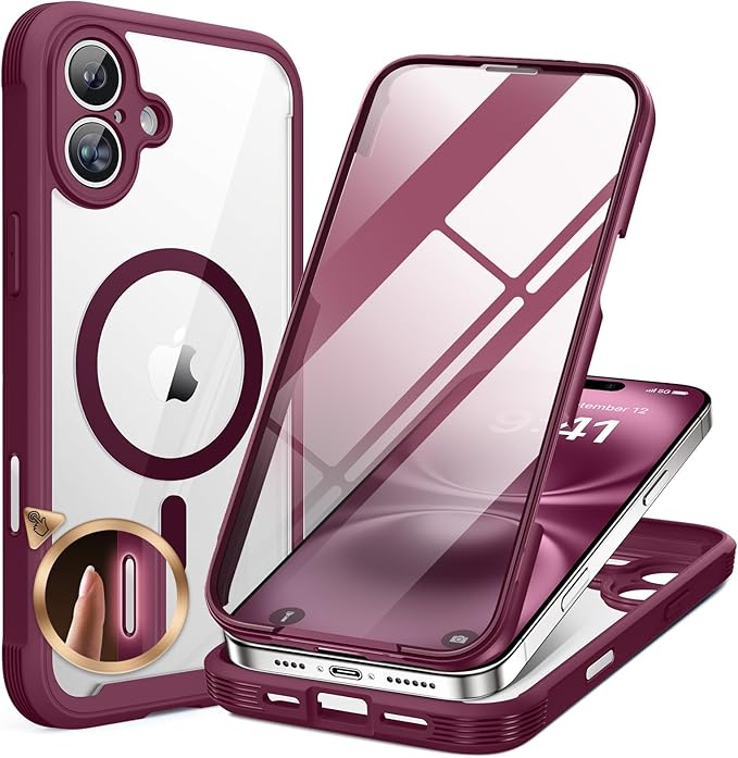 Miracase for iPhone 16 Case 6.1'', [Bubble Free] Full-Body Bumper Phone case with Built-in Full Glass Screen &Lens Protector,No Gap,Compatible with MagSafe,Drop Proof 16 Cover, Plum