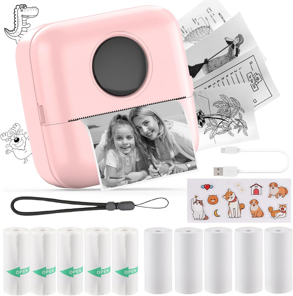 HuiJuKeJi Mini Sticker Printer Bluetooth Smart Pocket Inkless Thermal Printer with 11 Rolls Thermal Paper and Sticker for iOS&Android, Portable Receipt Printer for Photo Journal Notes Memo