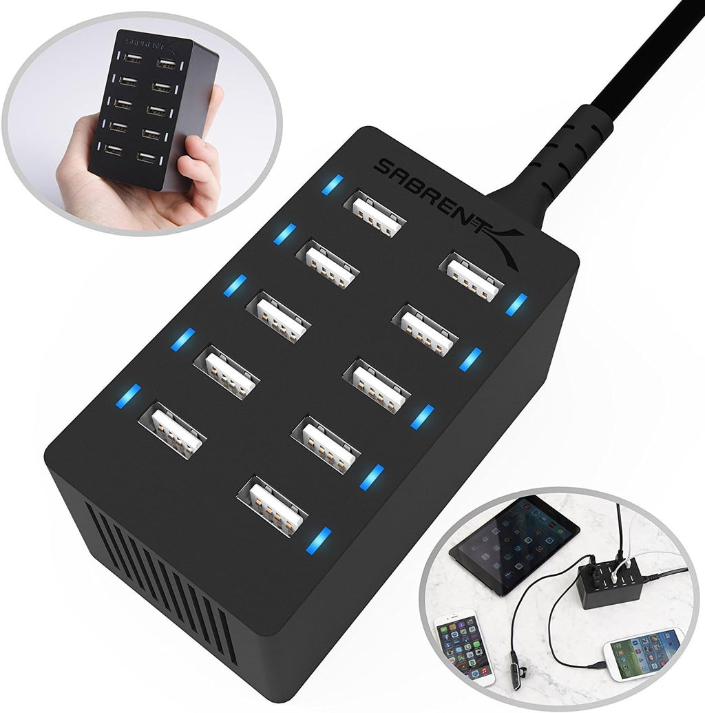 Sabrent 60 Watt (12 Amp) 10-Port [UL Certified] Family-Sized Desktop USB Rapid Charger. Smart USB Ports with Auto Detect Technology [Black] (AX-TPCS)