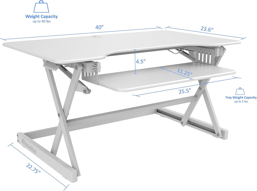 Rocelco 40" Large Height Adjustable Standing Desk Converter with Anti Fatigue Mat BUNDLE - Quick Sit Stand Up Computer Workstation Riser - Retractable Keyboard Tray - White (R DADRW-40-MAFM)