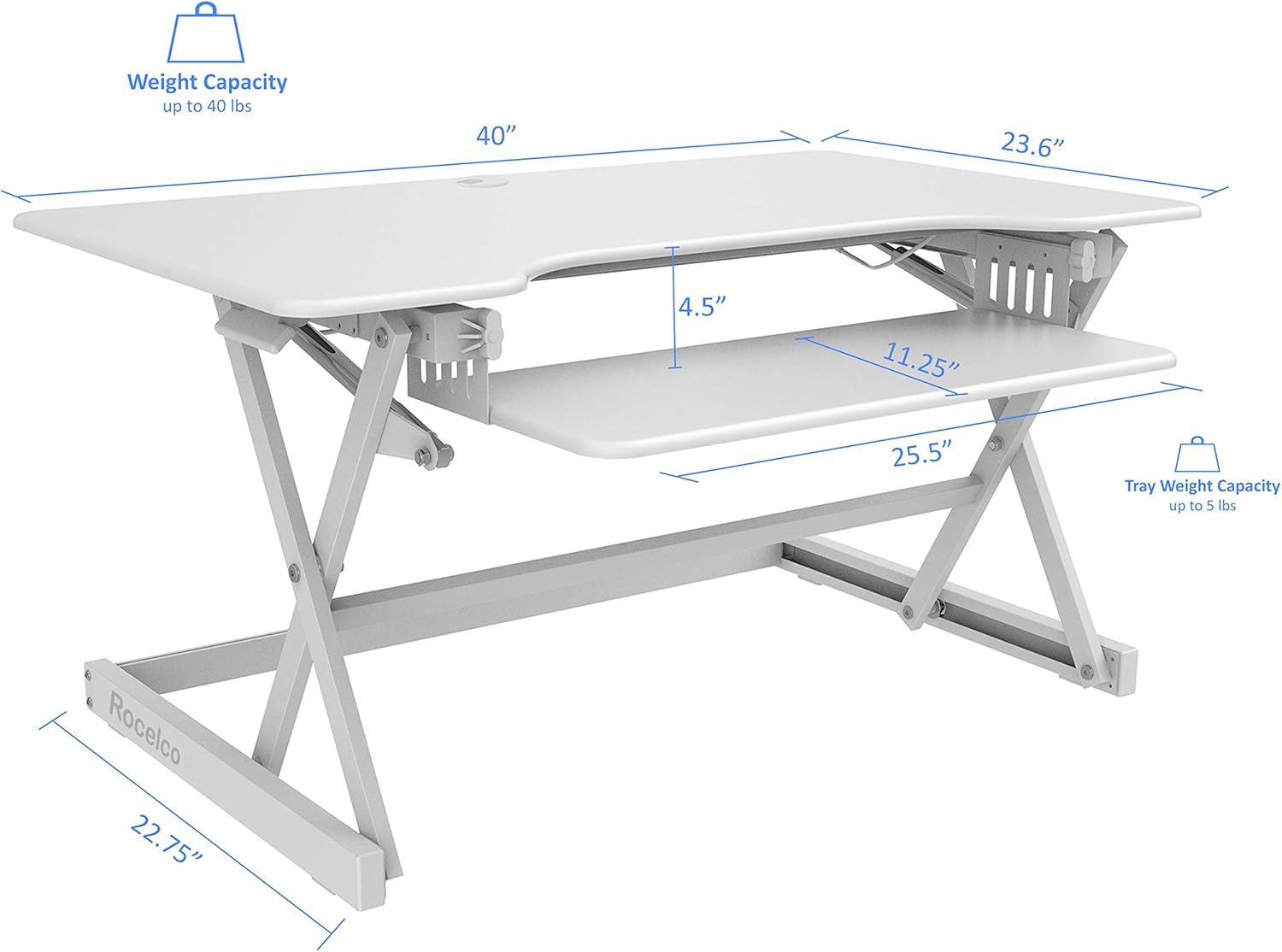 Rocelco 40" Large Height Adjustable Standing Desk Converter with Anti Fatigue Mat BUNDLE - Quick Sit Stand Up Computer Workstation Riser - Retractable Keyboard Tray - White (R DADRW-40-MAFM)