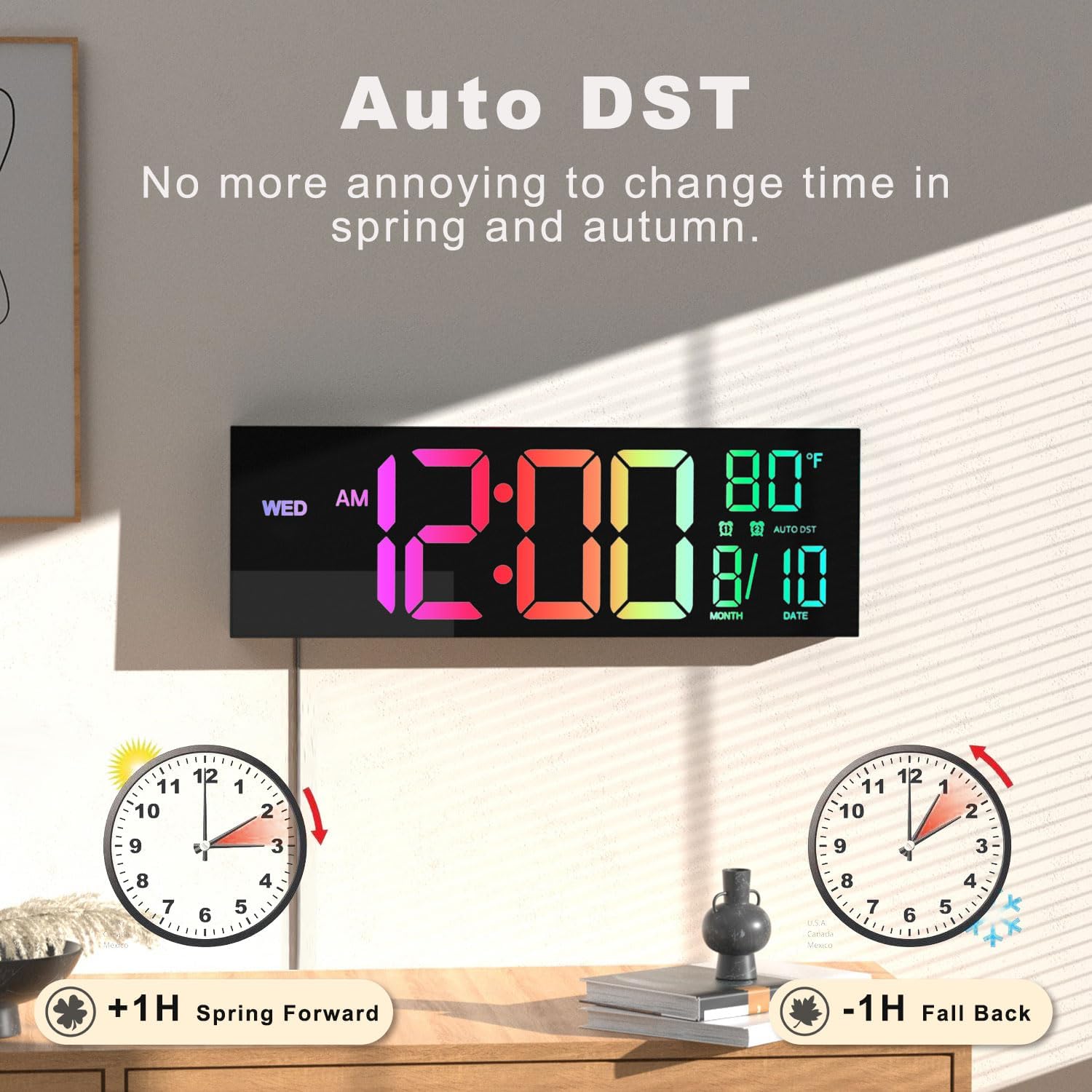 JALL 16" Large Digital Wall Mount Clock, Count Down Timer, Alarm, Big LED, 8 RGB Color, DST, Temperature for Living Room Classroom Desk, Xmas, Birthday Gift for Senior Mom Dad (Black, 16 inches)