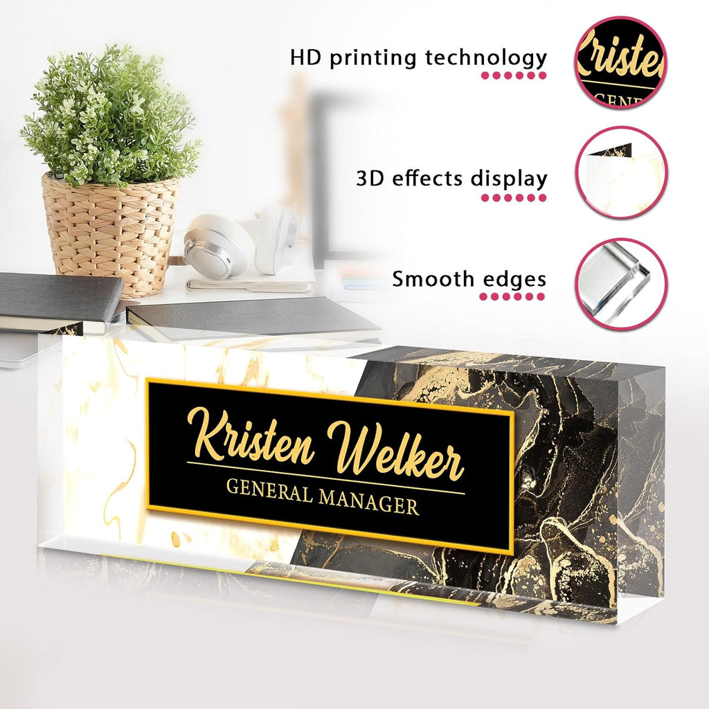 Personalized Name Plate for Desk - Custom Engraved Name Plates for Man - Boss Day Gifts for Boss - Acrylic Office Decor Appreciation Gifts for Teacher Nurse Coworker Social Worker (White/Brown)