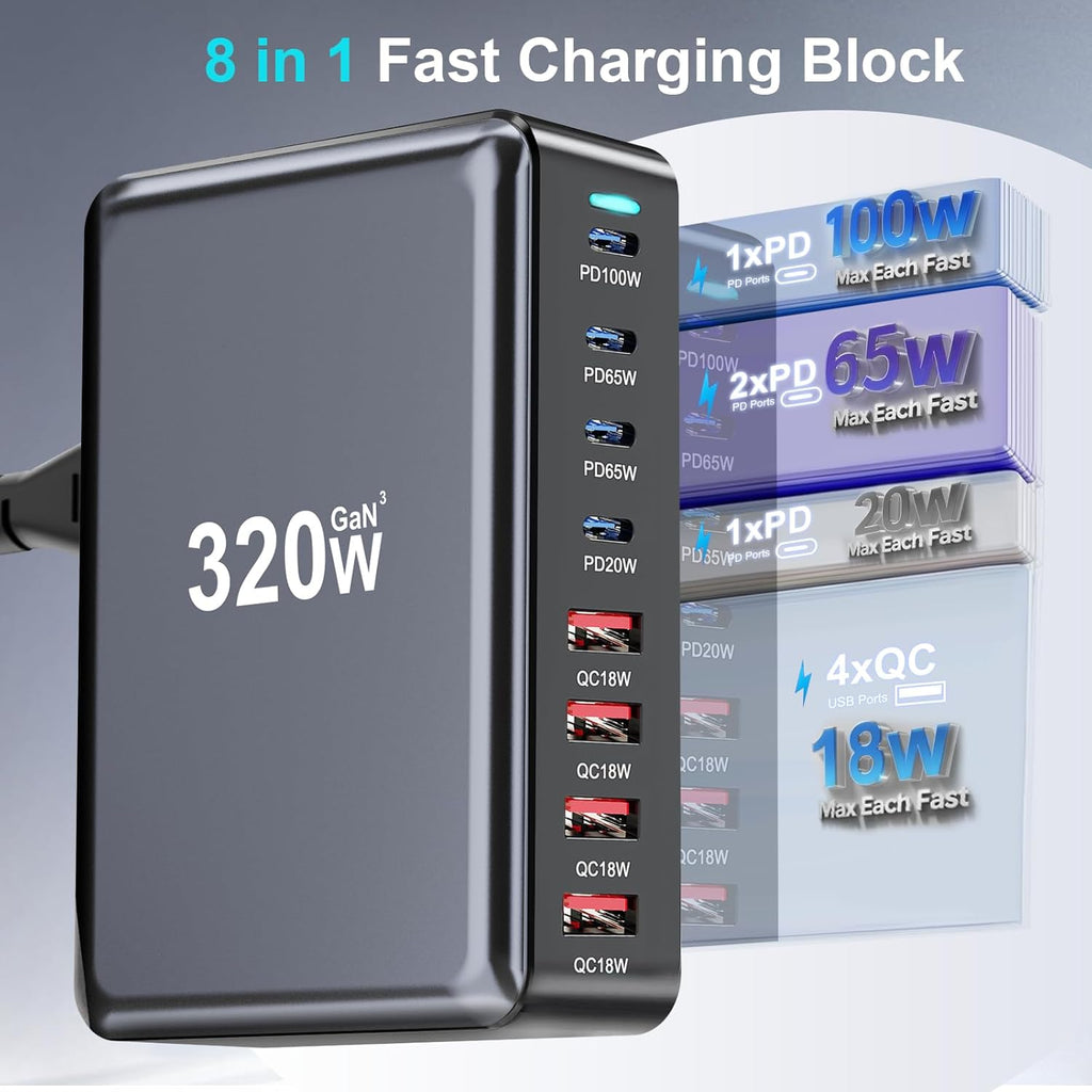 320W USB C Charger Block, 8-Port Fast USB Charging Station Hub PD 100W GaN Ⅲ Pro Charging Station for Multiple Devices, Laptop Charger Adapter Compatible with MacBook, DELL, iPad, iPhone, Samsung etc