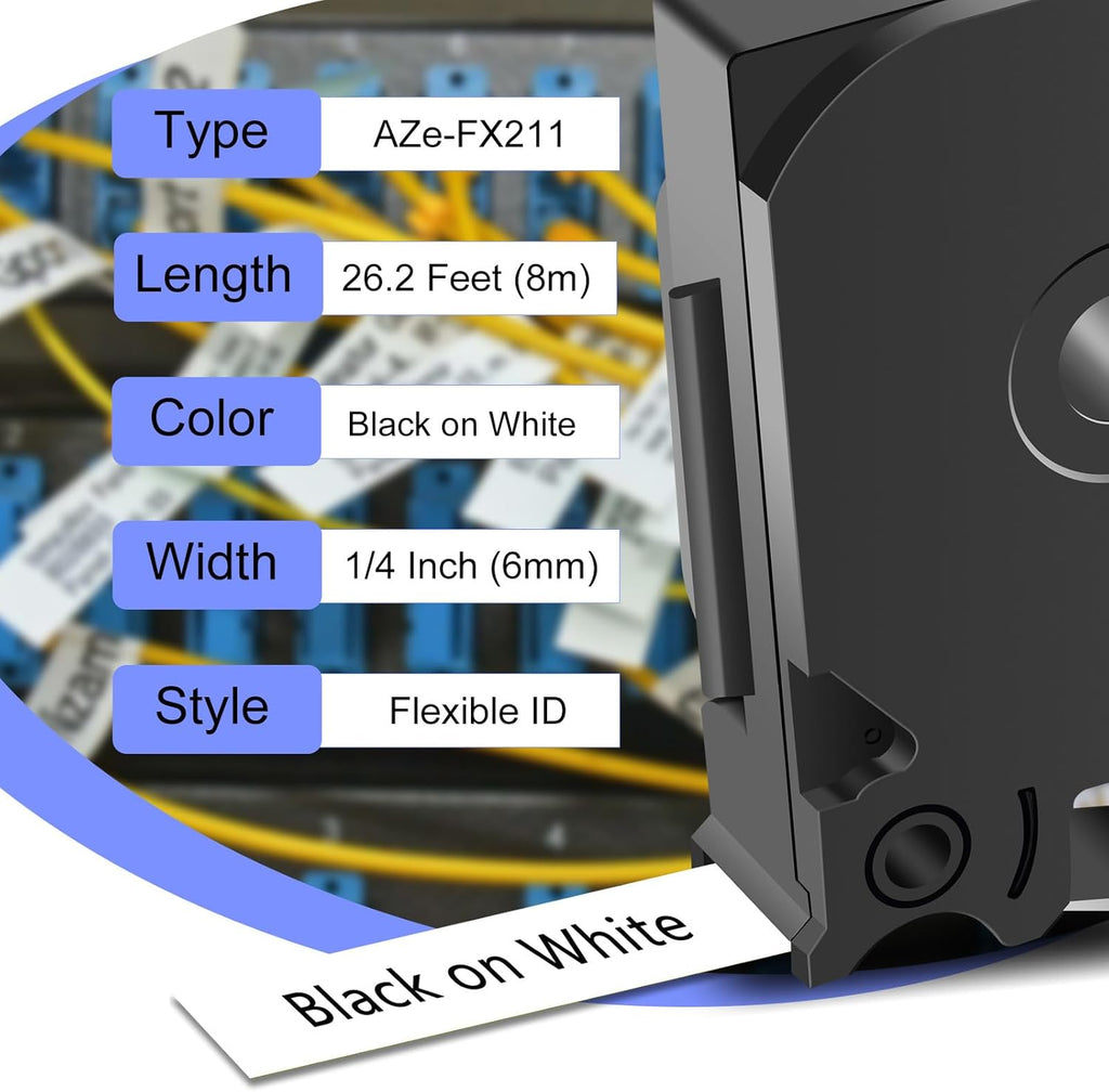 2 Pack 6mm 0.23'' FX211 Laminated Tape Compatible for Ptouch TZ TZe Flexible ID Cable Wires Labels Black on White 1/4" for PTD200 D210 D400 D600 PTH100 H110 PTP300BT PTP700 PTP710BT