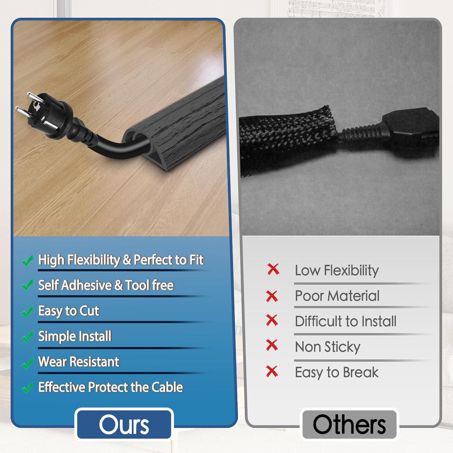 Floor Cord Cover for Wires on Floor Self Adhesive Cord Hider Floor Cable Management Wire Covers for Cords Protector Prevent Cable Trips Cord Cavity W 0.32" x H 0.32", Deep Gray Wood, 10Ft