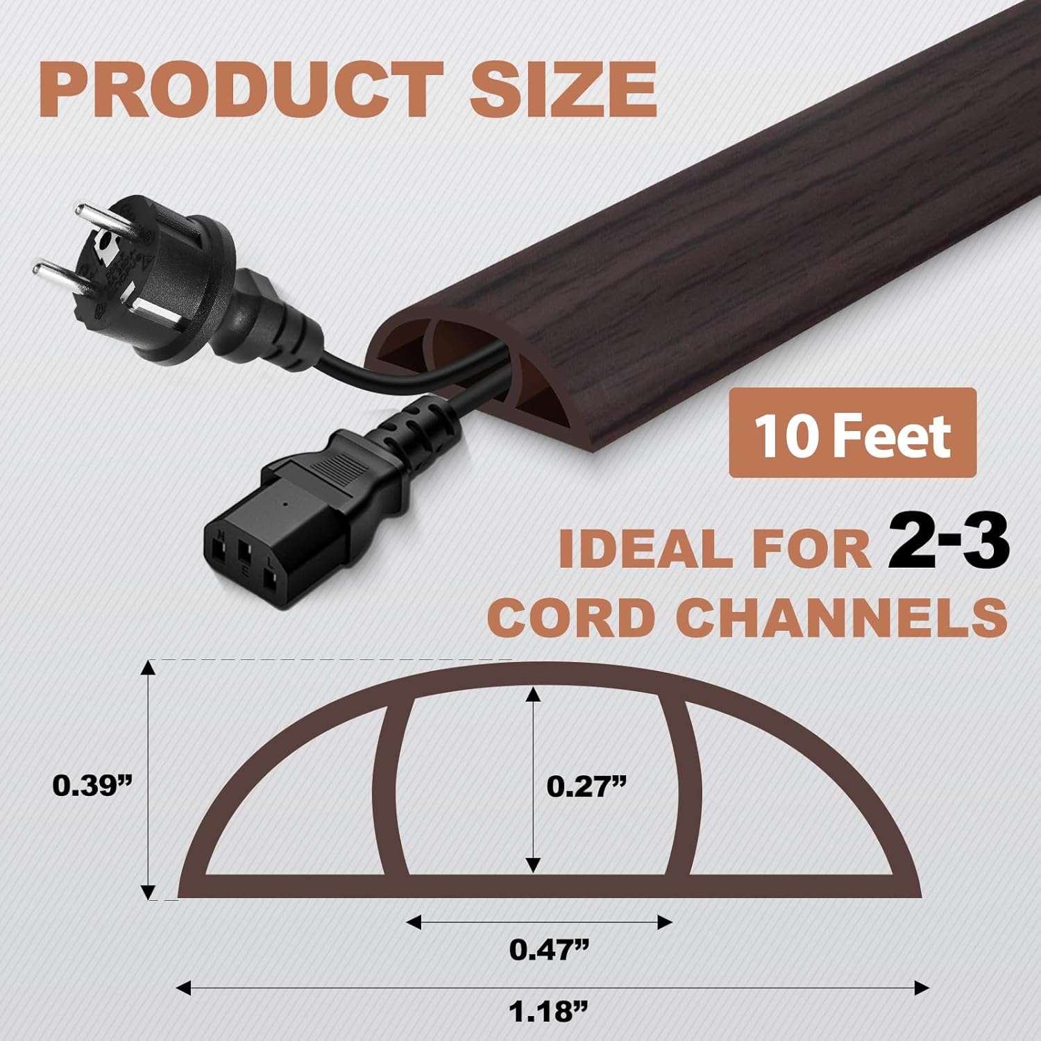 Floor Cord Cover for Wires on Floor Self Adhesive Cord Hider Floor Cable Management Wire Covers for Cords Protector Prevent Cable Trips Cord Cavity W 0.47" x H 0.27", Black Walnut, 10Ft