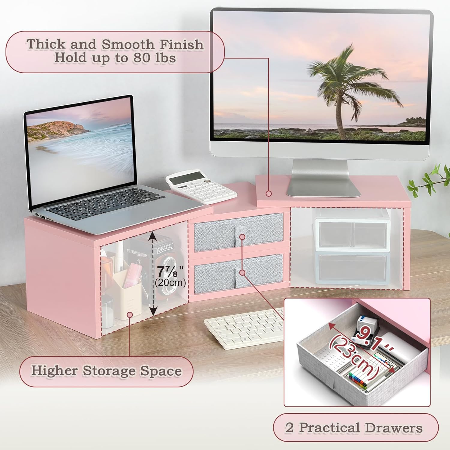 TEAMIX Pink Dual Monitor Stand Riser with 2 Drawers - Length and Angle Adjustable Double Corner Desk Shelf Organizer 37 inch for 2 Laptop/PC/Screen/TV (2 Drawers - 8''H)