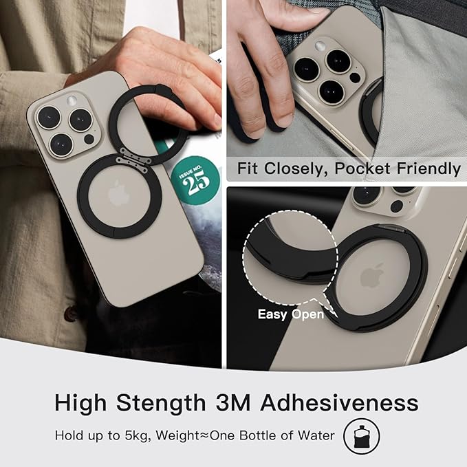 COOLQO Upgraded Magnetic Phone Ring Holder Stand, Super Magnet Cell Phone Grip Finger Kickstand Compatible with MagSafe Mag Safe Accessory for iPhone All Smartphones (1-Black)