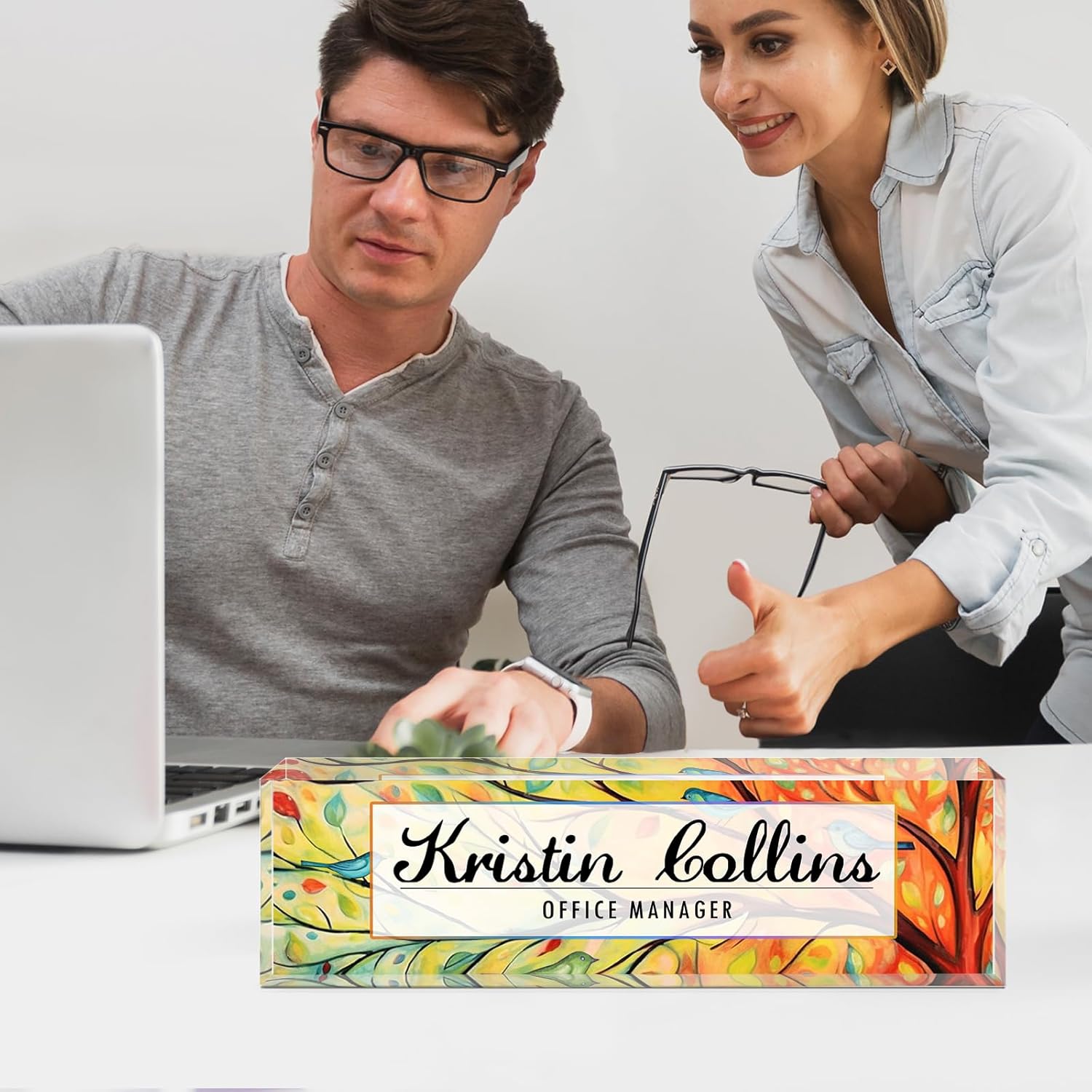 Custom Name Plate for Desk, Acrylic Office Decor For Women Men, Personalized Office Desk Accessories, Teacher Employee Appreciation Gifts For Social Worker Boss Coworkers (Birds)