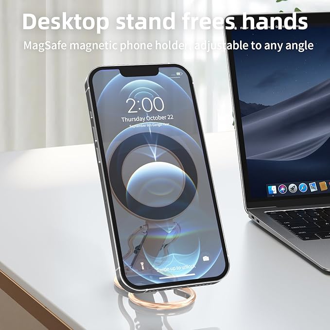 RESPECTED-BRO-Magnetic-Phone-Grip-Stand-with-Finger-Strap, 4-in-1 Magnetic Ring Holder, Kickstand and Elastic Strap for Smartphones, Universal Fit for iPhone, Android, and Cases (Rose Gold)