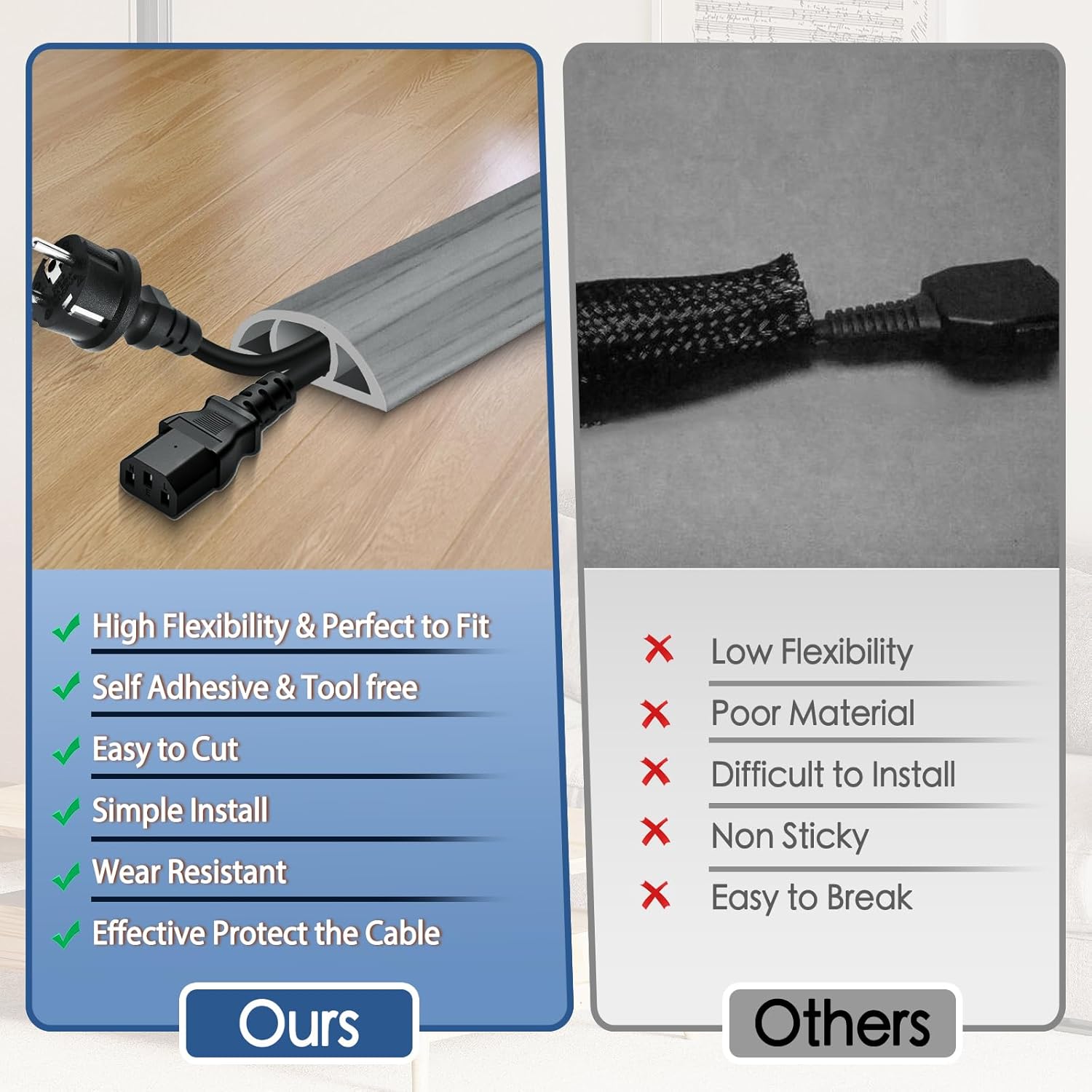 Floor Cord Cover for Wires on Floor Self Adhesive Cord Hider Floor Cable Management Wire Covers for Cords Protector Prevent Cable Trips Cord Cavity W 0.47" x H 0.27", Gray Wood, 20Ft