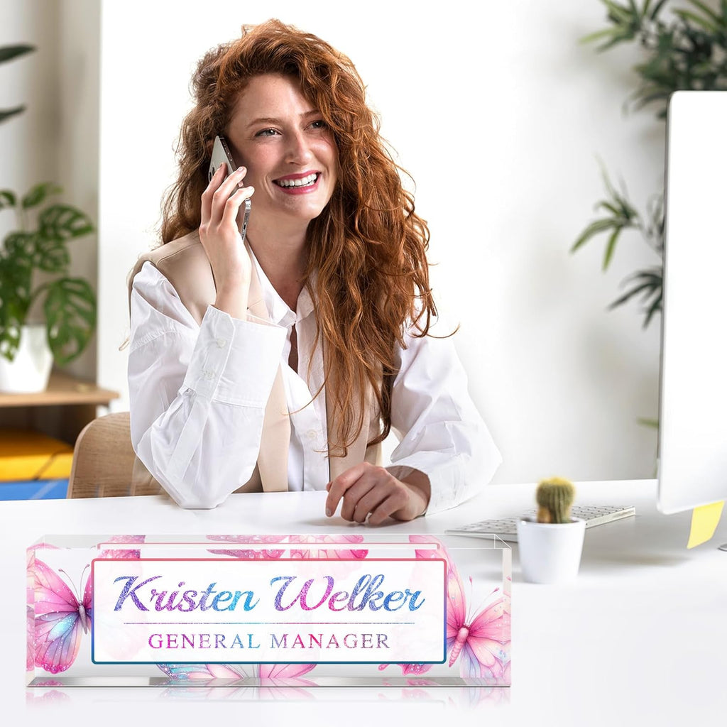 Personalized Name Plate for Desk - Custom Engraved Name Plates for Man - Boss Day Gifts for Boss - Acrylic Office Decor Appreciation Gifts for Teacher Nurse Coworker Social Worker (Pink Butterfly)