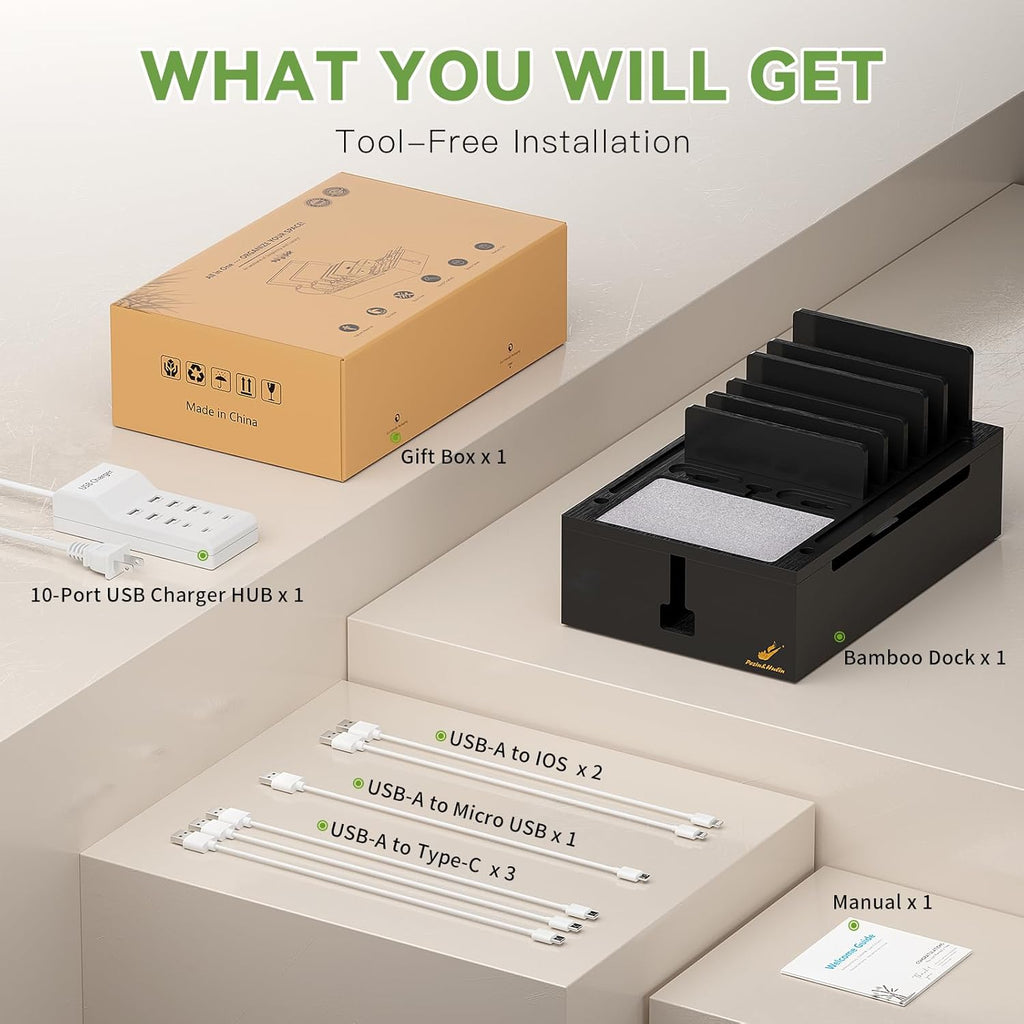 Pezin & Hulin Bamboo Charging Station for Multiple Devices, USB Charger Dock Organizer, with Power Supply (10 Ports HUB), 6 Cables, Cable Management Organizer for Cell Phones, Tablets -Black