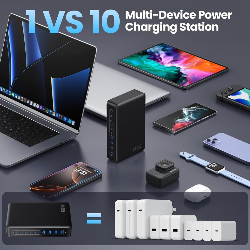 730W USB C Charger Block,10-Ports GaN V Fast Charging Station Hub,QC4.0+3 PD 100W Laptop Charger Wall Power Adapter for MacBook Pro/Air,DELL,iPhone 16/15/14/13,iPad,Galaxy S25,Pixel,Steam Desk-Black