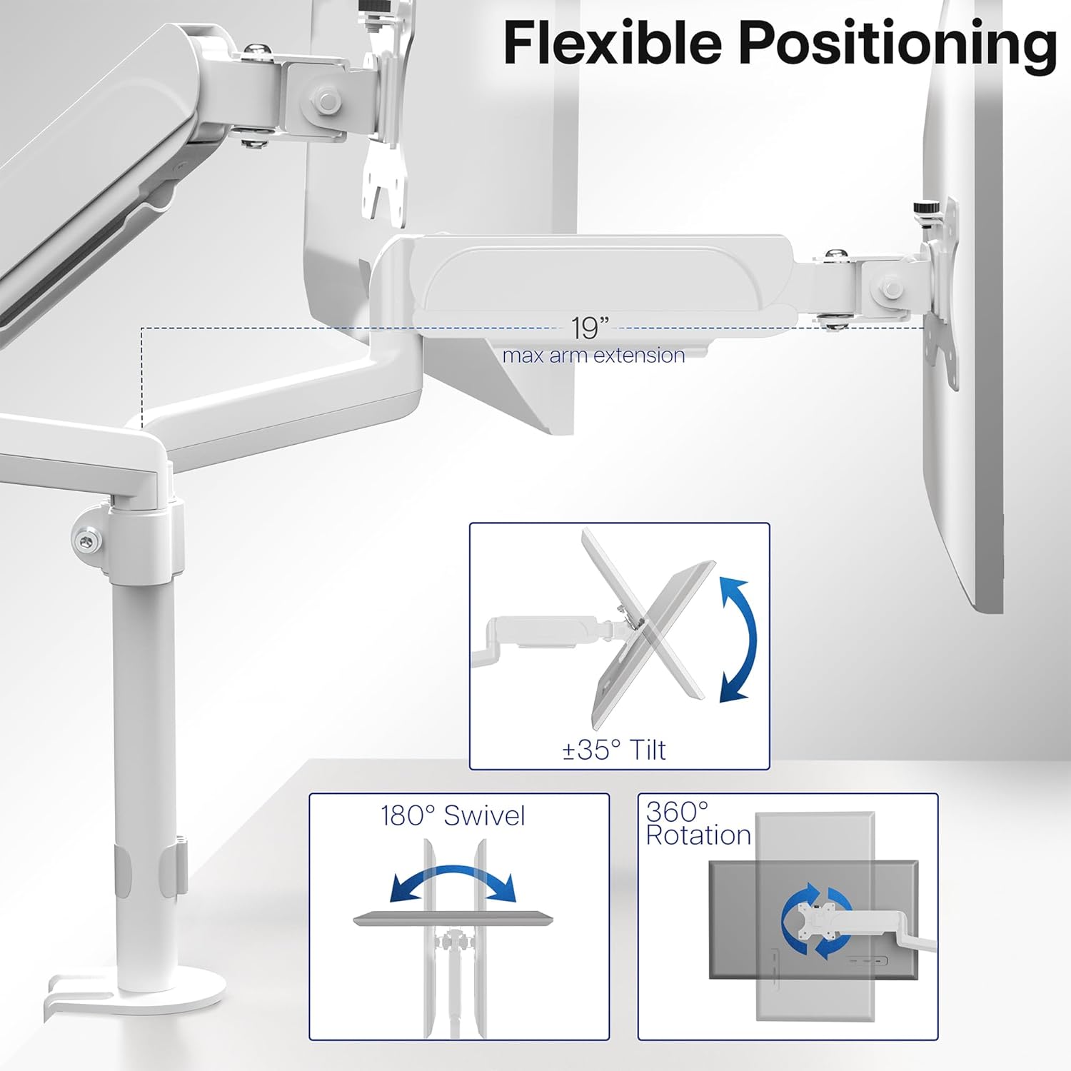 VIVO 17 to 32 inch Dual Pneumatic Monitor Mount, 2 Pneumatic Arms, Adjustable Swivel, Rotation, Heavy Duty VESA Desk Stand with C-clamp, Grommet, Max VESA 100x100, White, STAND-V002KW