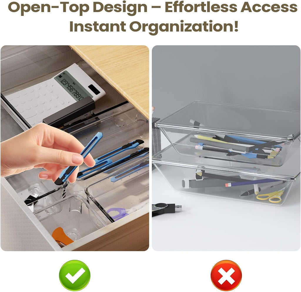 27 PCS Clear Plastic Drawer Organizer Set, 4 Sizes Acrylic Drawer Storage Trays Non Slip Storage Bins for Makeup, Jewelry, Gadgets for Kitchen, Bedroom, Bathroom, Office