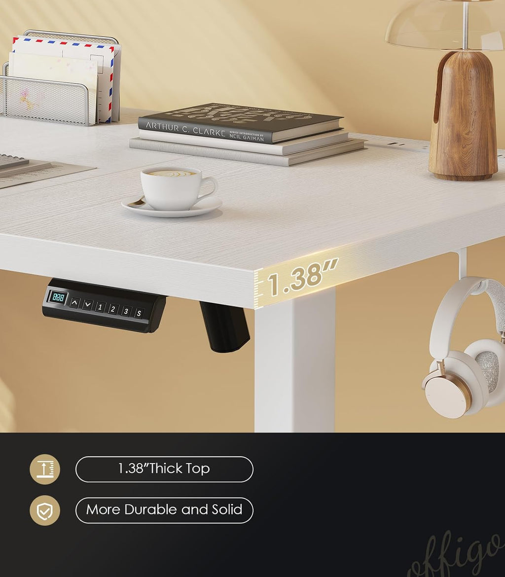 OffiGo Electric Standing Desk with 3-Piece Board, 79 Inch Height Adjustable Large Desk with Power Outlets, Sit Stand Table, Writing Computer Workstation for Home, Office, White