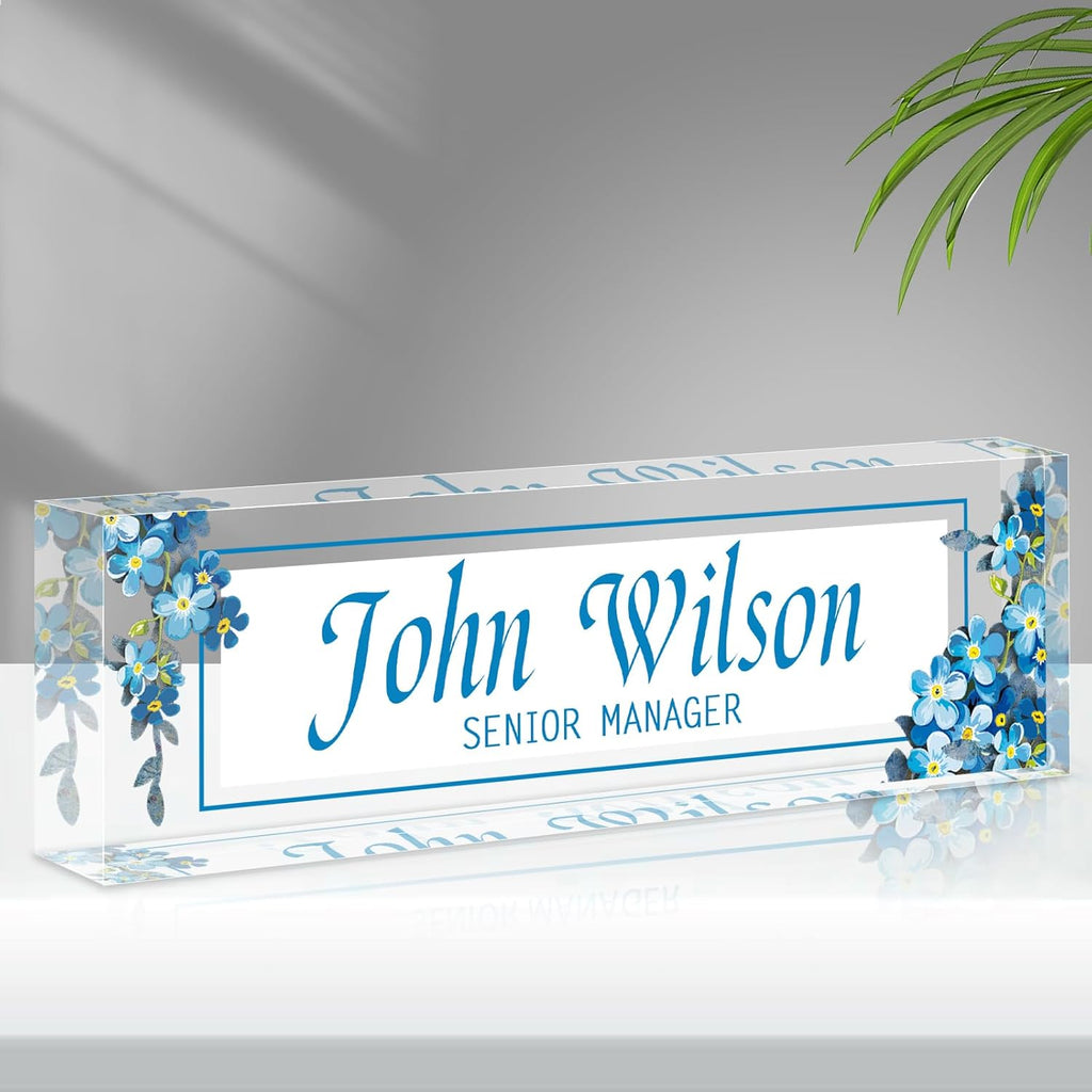 Name Plate for Desk Personalized, Acrylic Desk Decorations, Employee Appreciation Gifts, Custom Office Gifts for Coworkers, Boss, Teacher, Nurse (Myosotis)