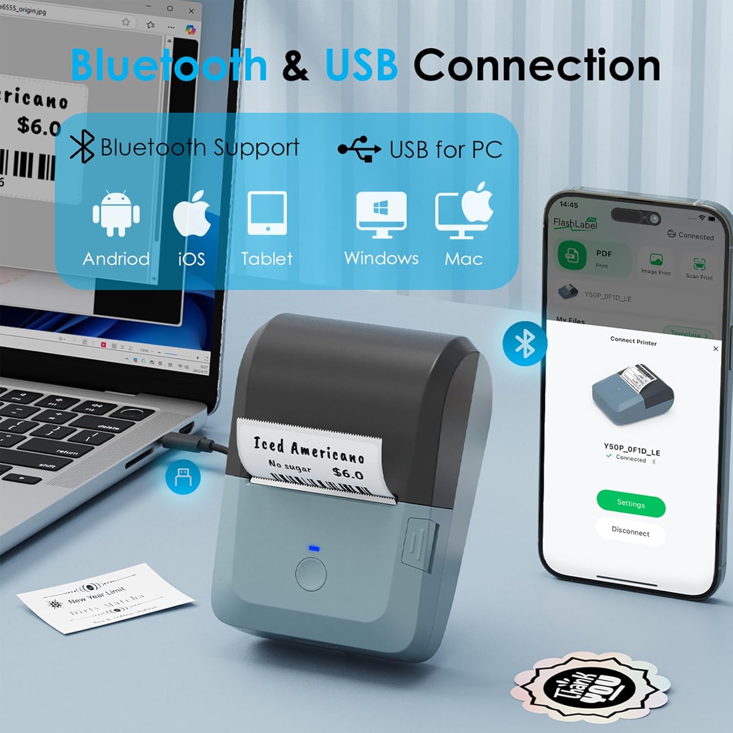 Bluetooth Label Maker Machine with Tape, Y50P Portable Thermal Sticker Maker for Home Office, Small Bussiness & School – Logo Stickers Printer – Includes 230 Labels, Black