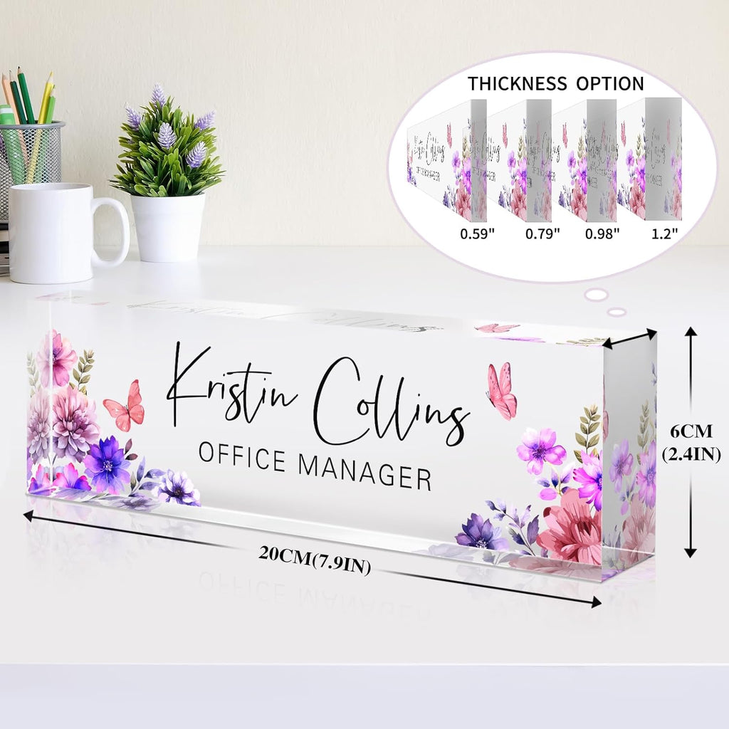 Custom Name Plate for Desk, Acrylic Office Decor For Women Men, Personalized Office Desk Accessories, Teacher Employee Appreciation Gifts For Social Worker Boss Coworkers (Purple Flower-3)