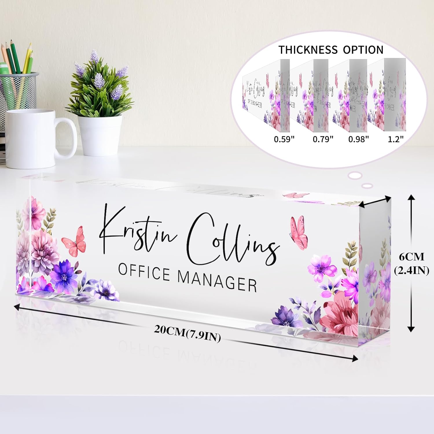 Custom Name Plate for Desk, Acrylic Office Decor For Women Men, Personalized Office Desk Accessories, Teacher Employee Appreciation Gifts For Social Worker Boss Coworkers (Purple Flower-3)