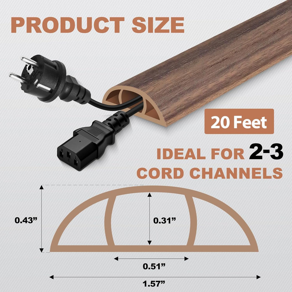 Floor Cord Cover for Wires on Floor Self Adhesive Cord Hider Floor Cable Management Wire Covers for Cords Protector Prevent Cable Trips Cord Cavity W 0.51" x H 0.31", Misty Brown Wood, 20Ft