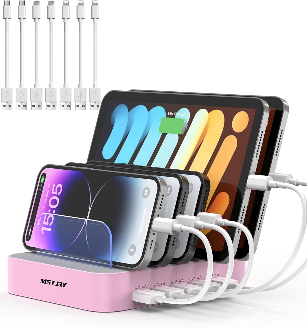 MSTJRY Charging Station for Multiple Devices : 5 Port Multi USB-A Charger Stations Multi-Device Organizer Charging Dock Designed for iPhone iPad Cell Phone Tablets (7 Short Cables Included), Pink