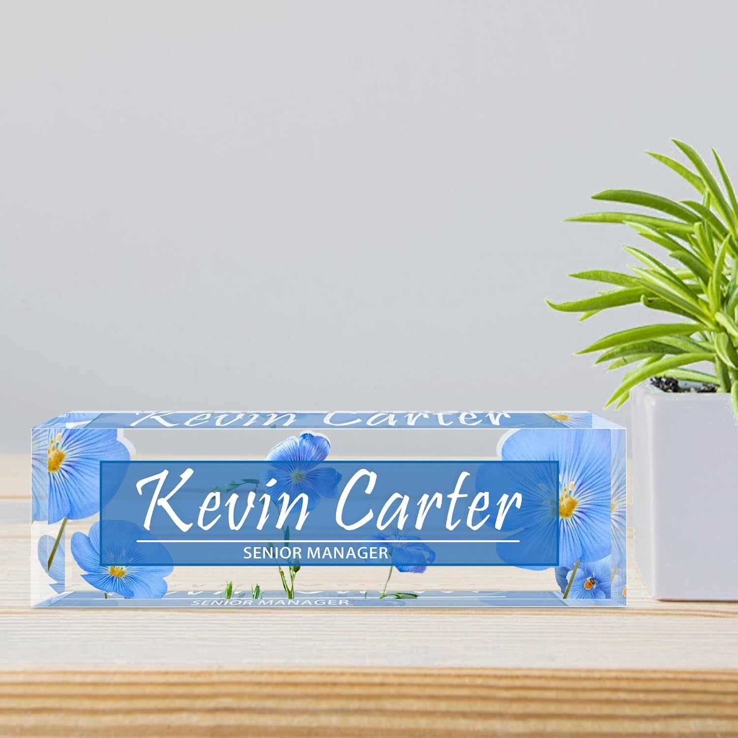 Name Plate for Desk Personalized, Acrylic Desk Decorations, Employee Appreciation Gifts, Custom Office Gifts for Coworkers, Boss, Teacher, Nurse (Blue Flowers)